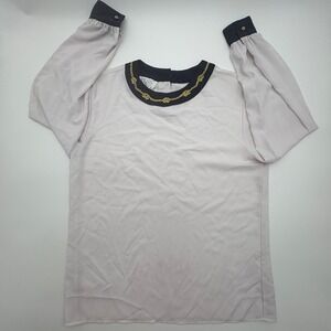 Tess Vintage Womens‎ Blouse Size 10 Cream Navy Gold Rope Embroidery Long Sleeve